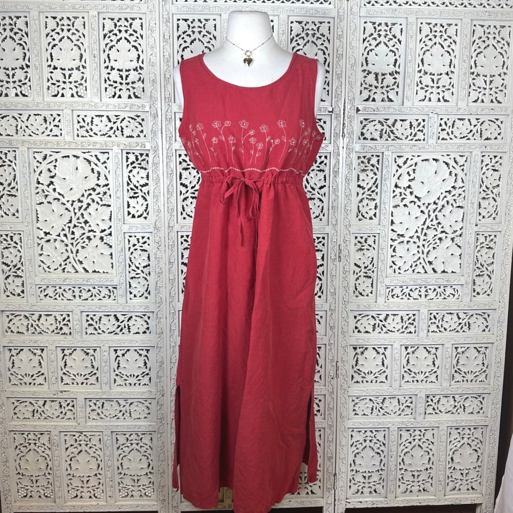 Vtg Stonebridge Silk Linen Blend Red Cottagecore Prairie Boho Beaded Midi Dress‎